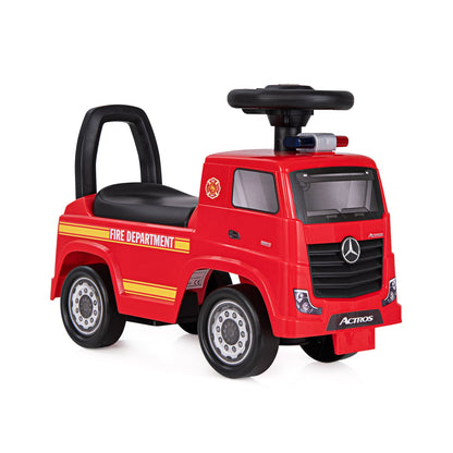 Kids Ride On Fire Truck Licensed Mercedes-Benz with Music in bright red with yellow stripes and 'FIRE DEPARTMENT' text