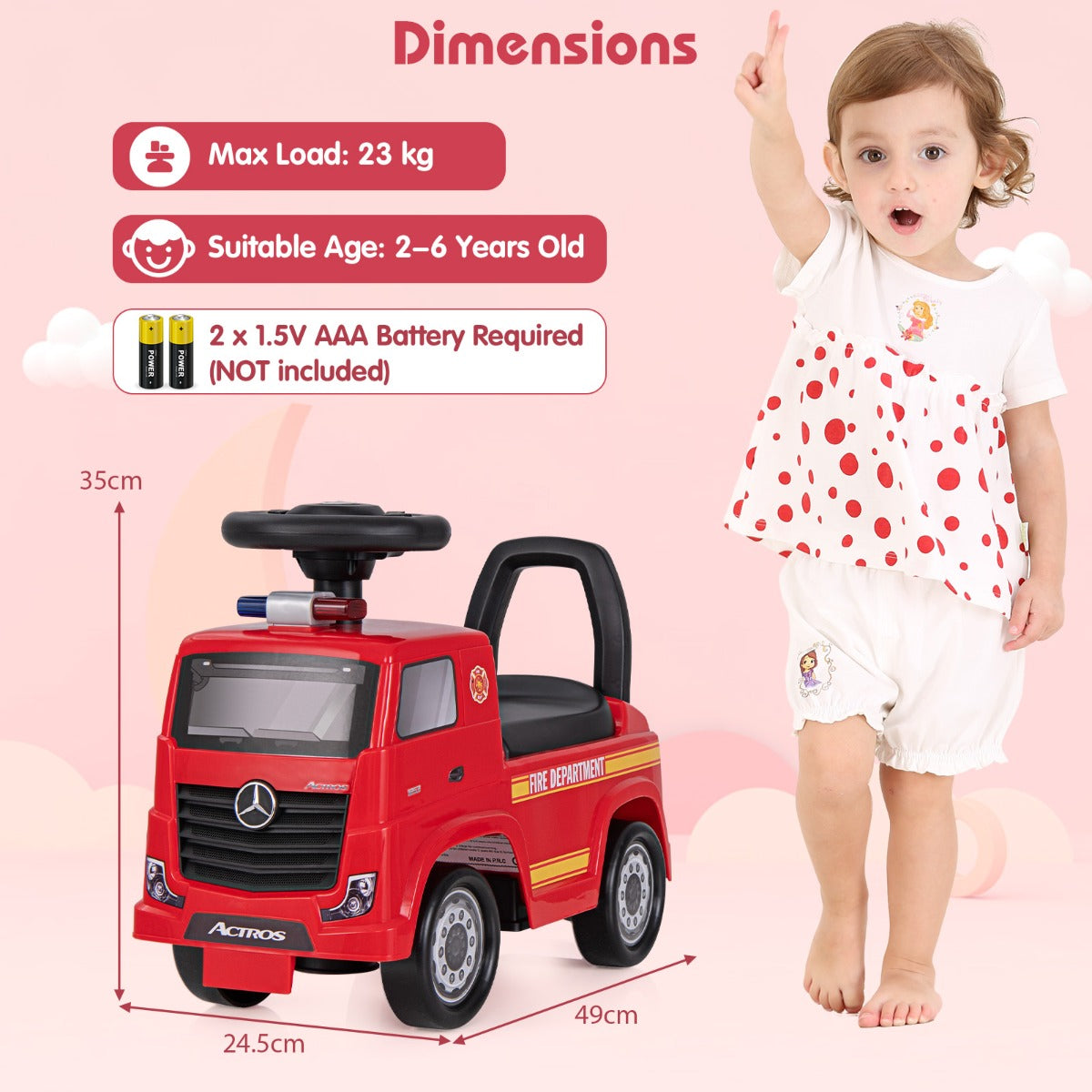 Dimensions diagram showing the red fire truck toy with measurements and age range