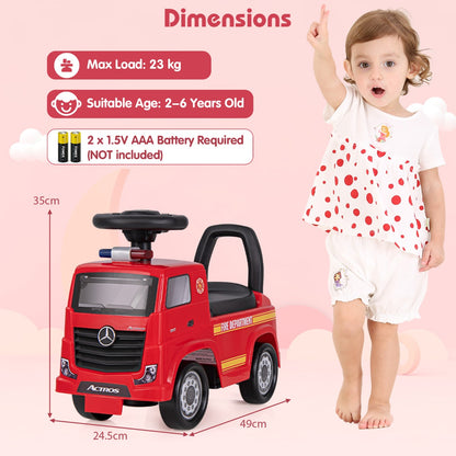 Dimensions diagram showing the red fire truck toy with measurements and age range