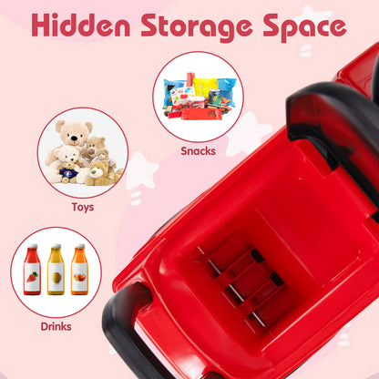 The red fire truck toy with its seat lifted to reveal hidden storage space for toys and drinks