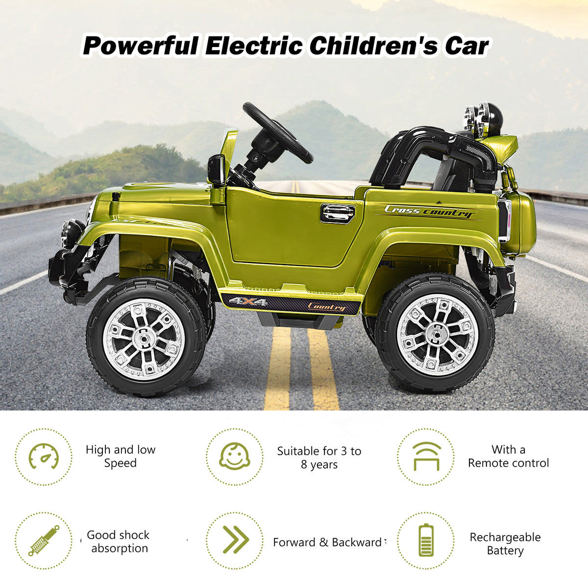 The green kids electric car with icons showing features like remote control and shock absorption
