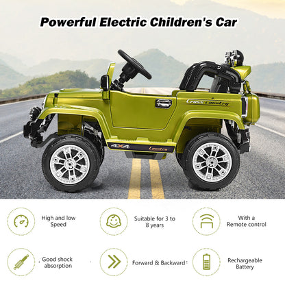 The green kids electric car with icons showing features like remote control and shock absorption