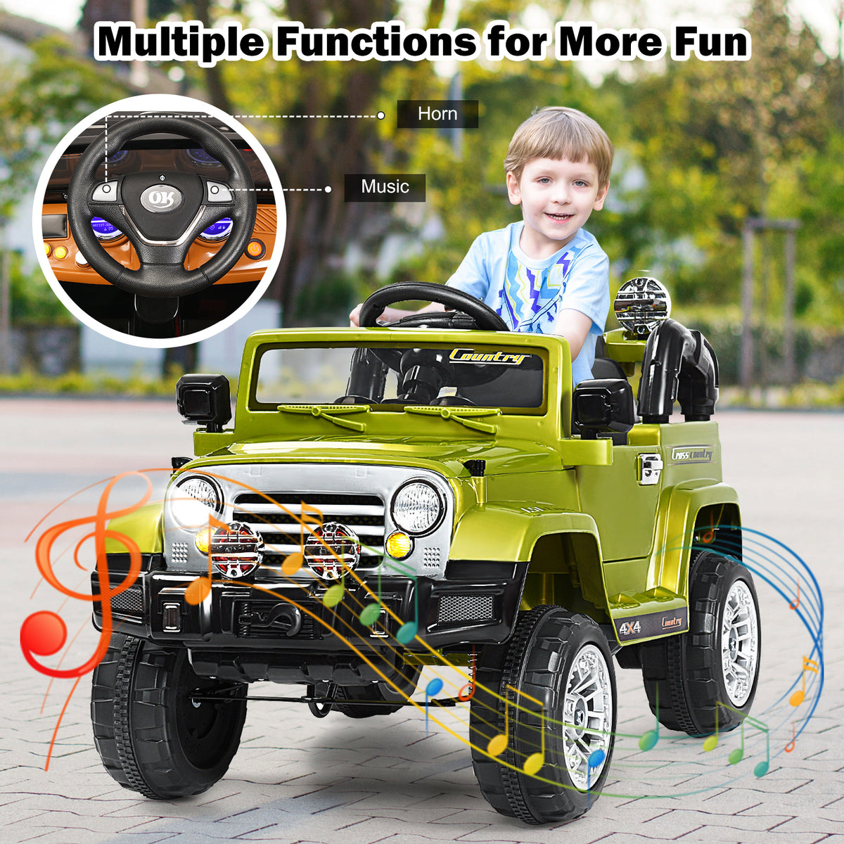 A boy sitting in the green kids ride on jeep car, with musical notes around it