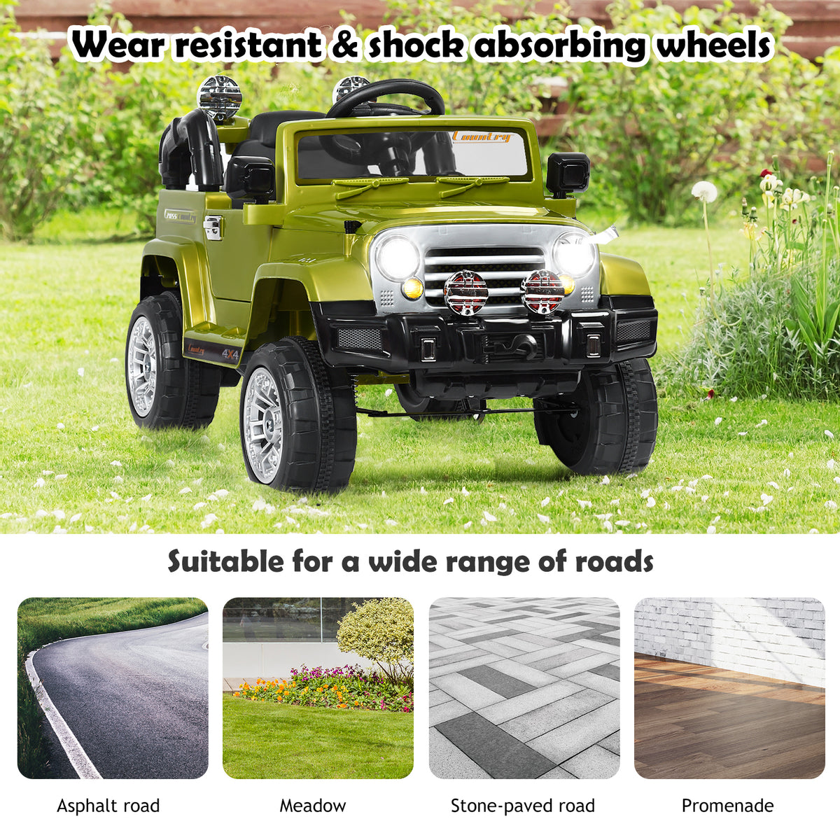 The green kids ride on jeep car shown on various road surfaces