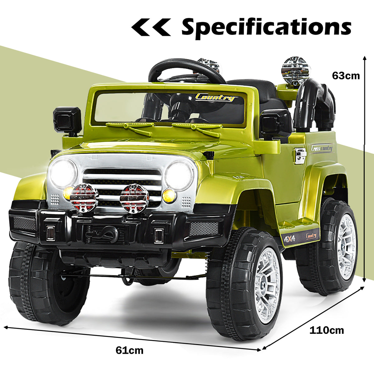 The green kids ride on jeep car with dimensions indicated on the image