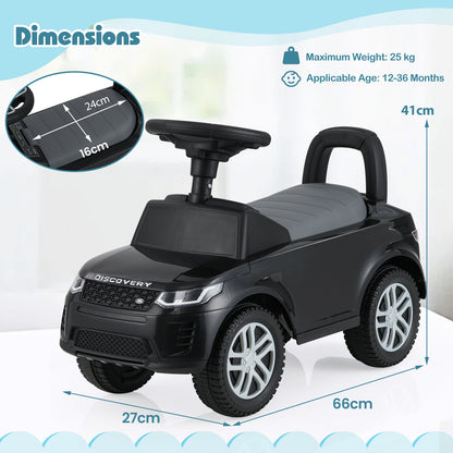 Dimensions of the black push and pedal ride on toy car shown with measurements