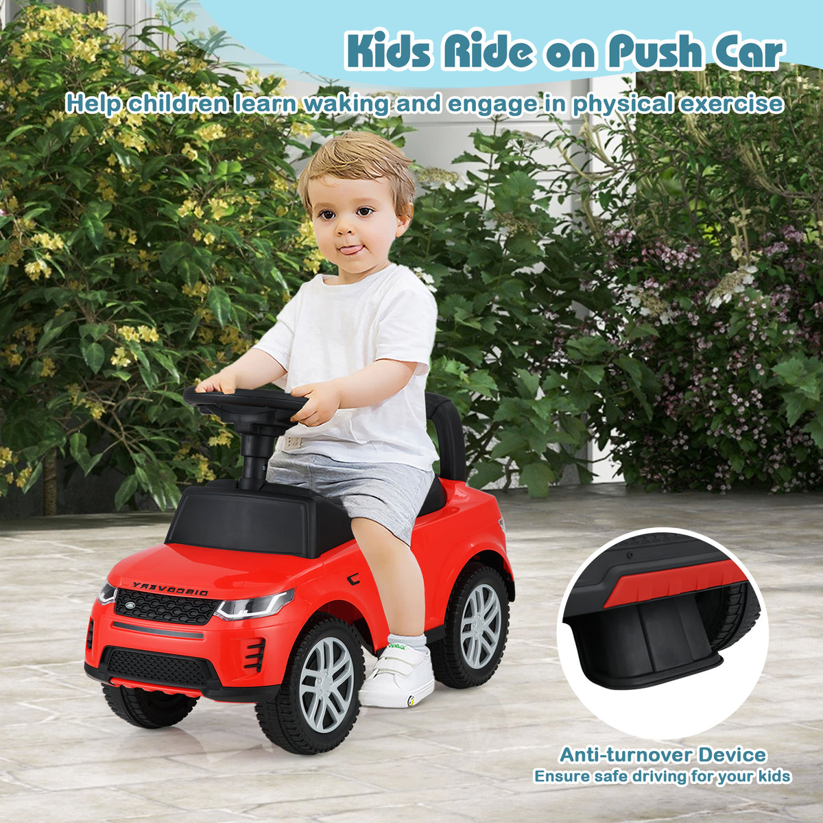 The red ride on push car has a safety feature for anti-turnover