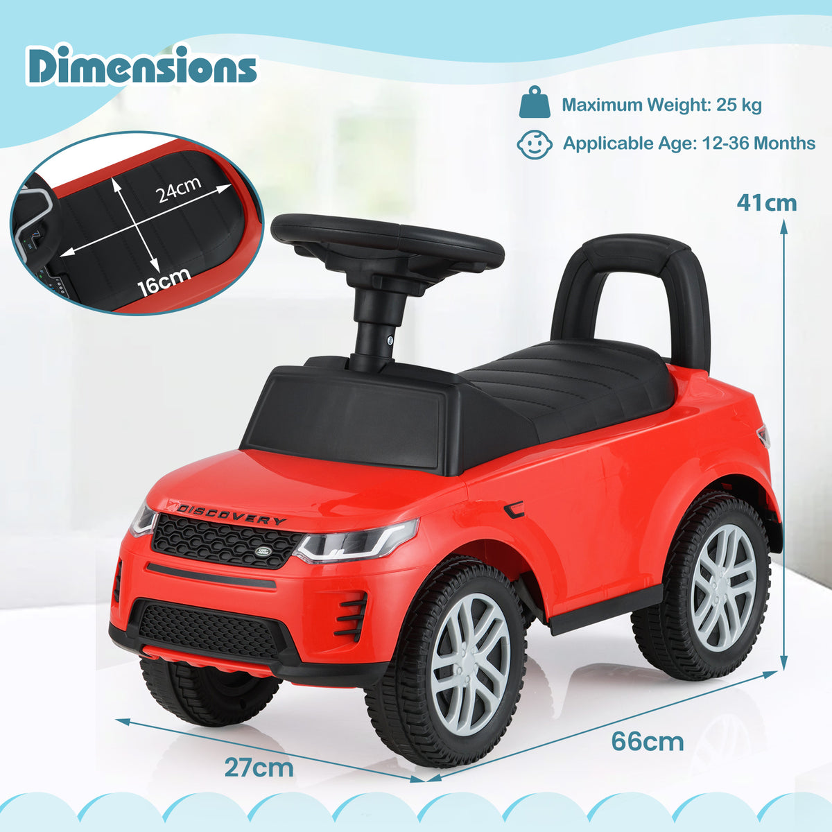 Dimensions of the red ride on push car shown with measurements