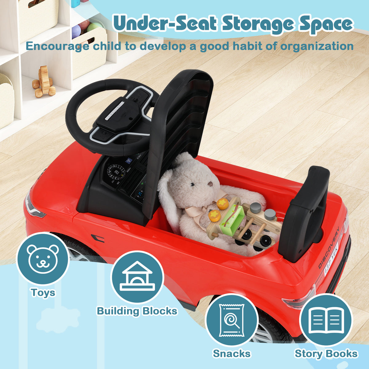 The red ride on push car has under-seat storage space for toys