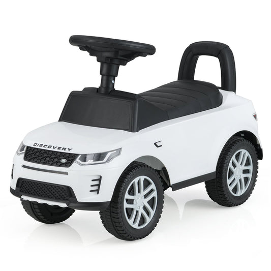 Kids Ride On Push Car in white with a black seat and steering wheel on a white background