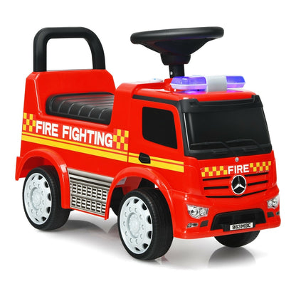 Kid's Ride On Push Car Licensed Mercedes Benz Firefighter in red with flashing blue lights and 'Fire Fighting' text