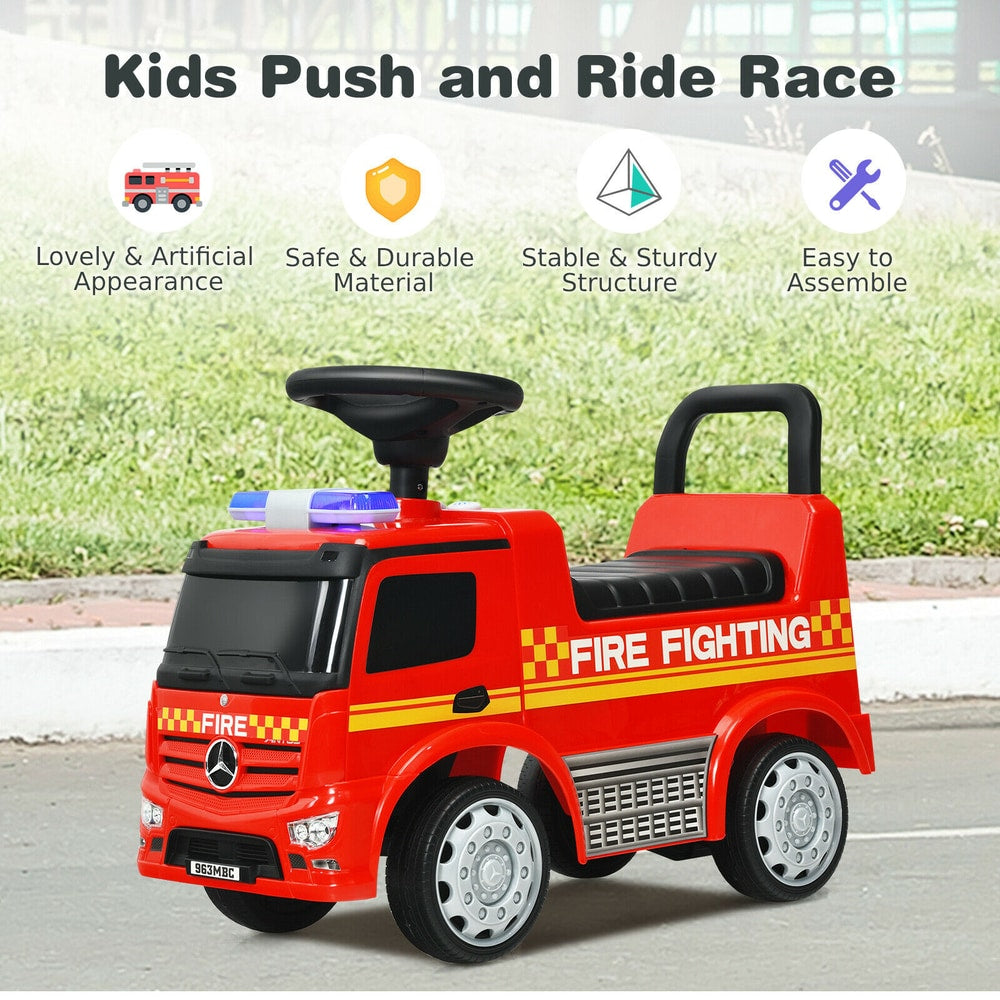 Red Mercedes Benz firefighter ride on car with text and icons about safety and assembly