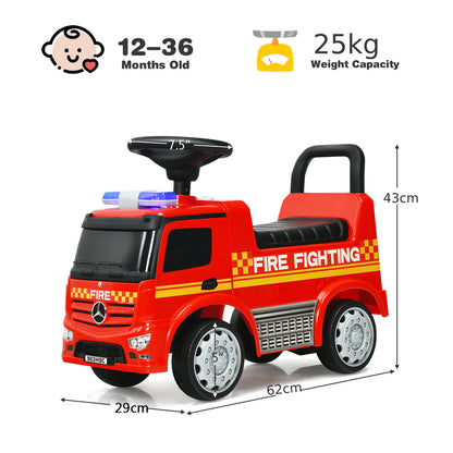 Dimensions of the red Mercedes Benz firefighter ride on car with height and length shown