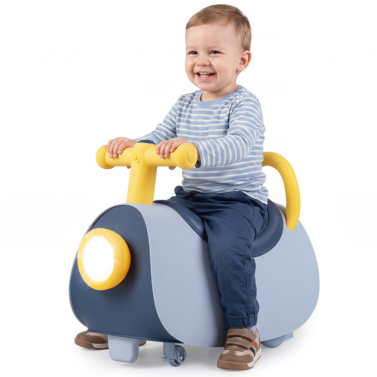 The push toy with a toddler sitting on it and smiling against a plain white background