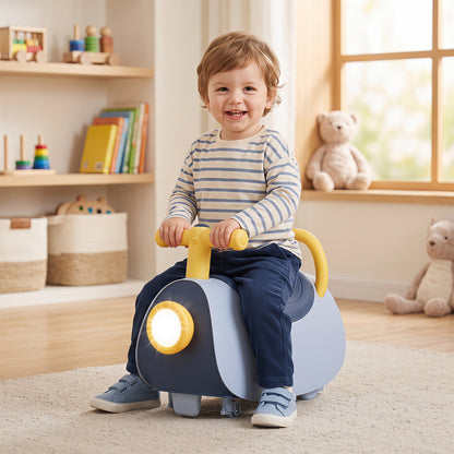 The push toy being used by a happy child in a bright nursery room with toys on the shelves