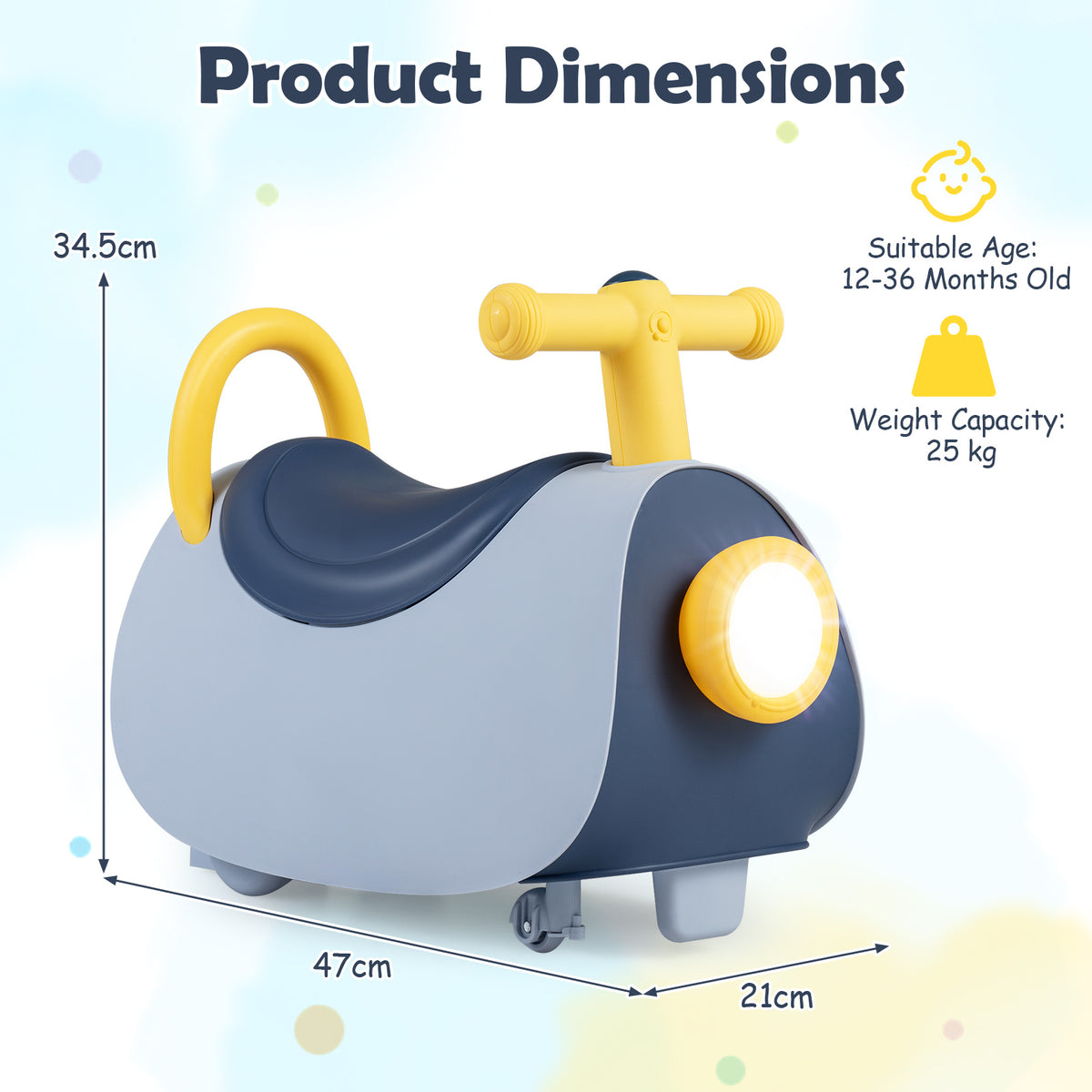 The ride on toy shown with arrows and text indicating the height, length and width dimensions