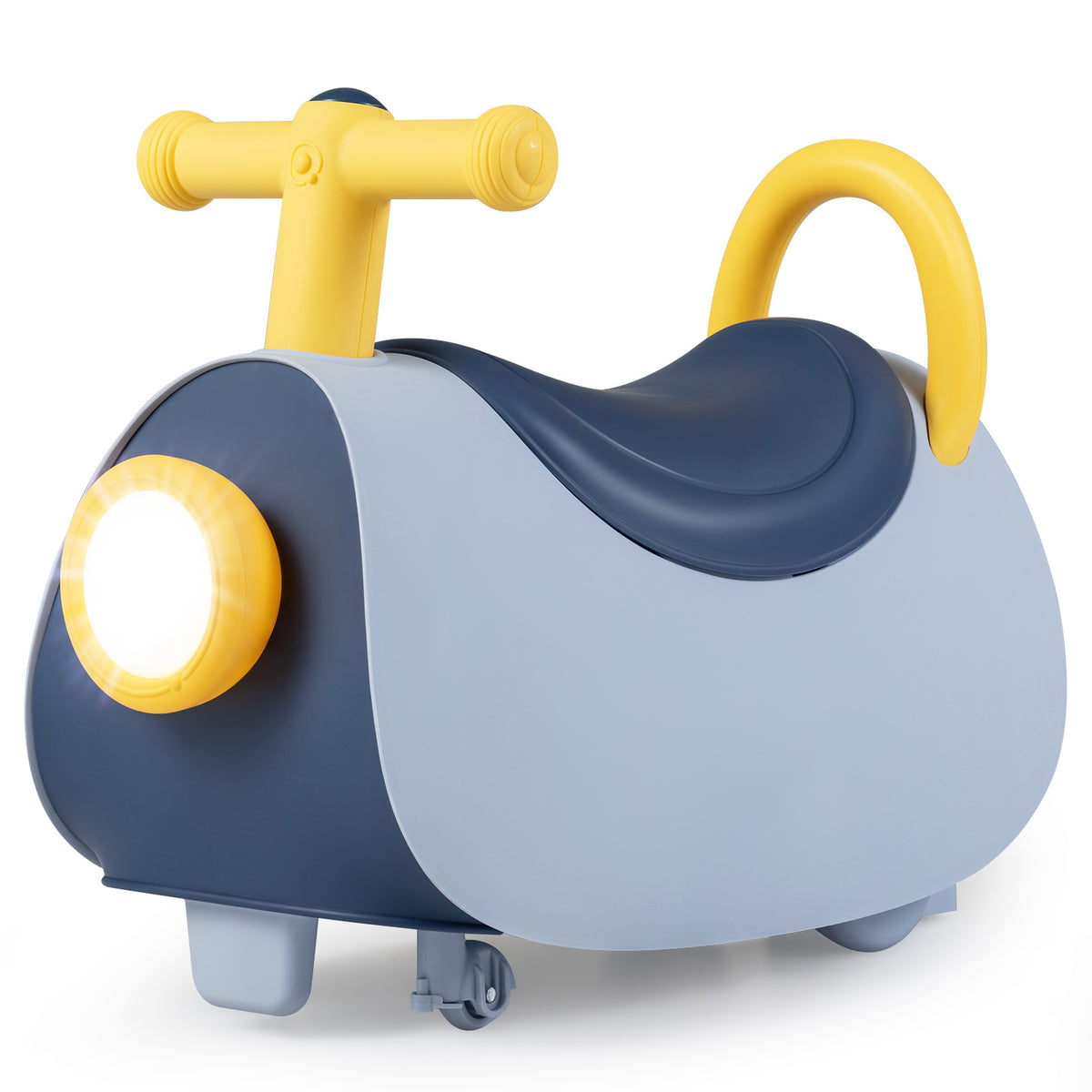 The blue and yellow push toy with a glowing headlight isolated on a white background