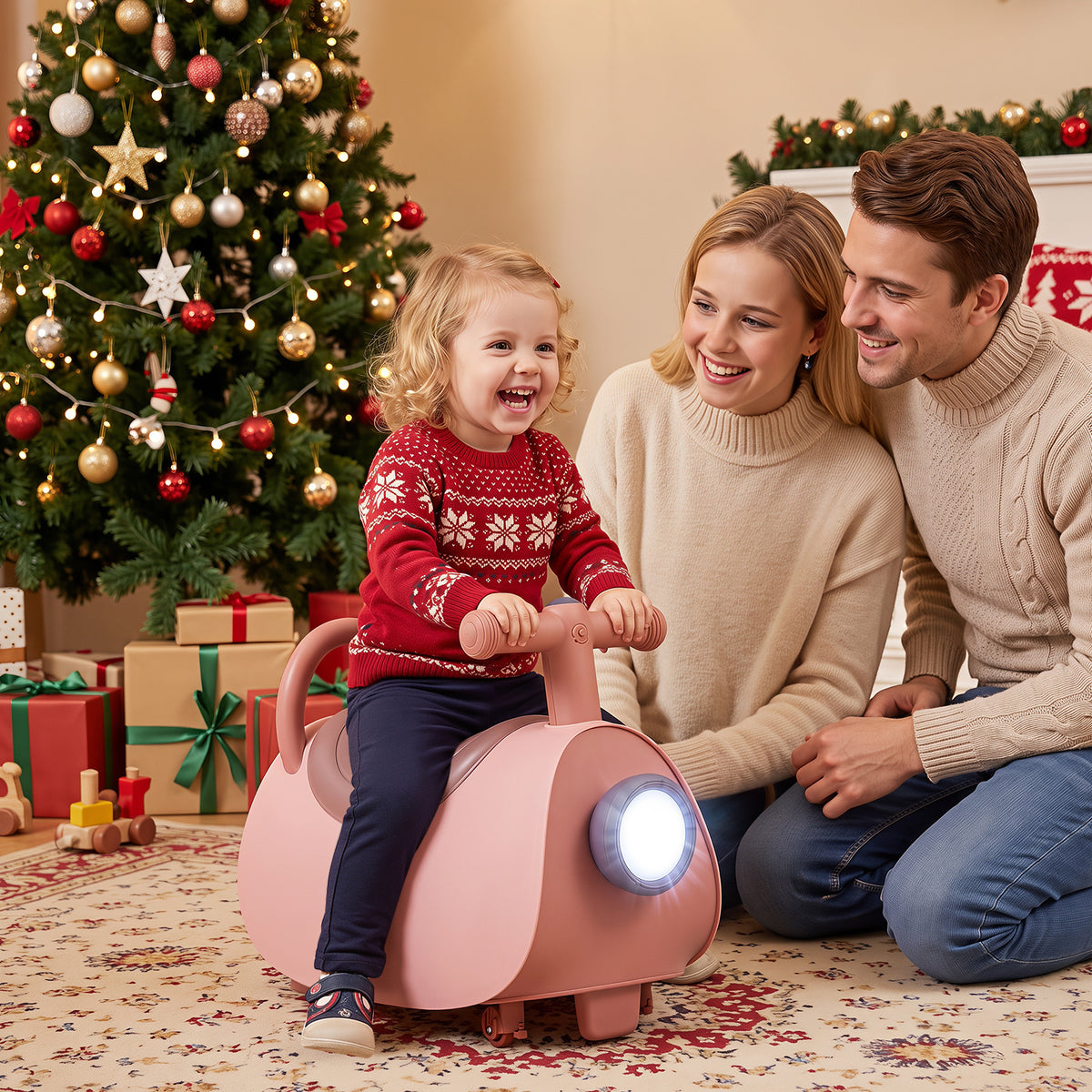 A family smiles as a child rides the pink push and pedal ride on toy at Christmas