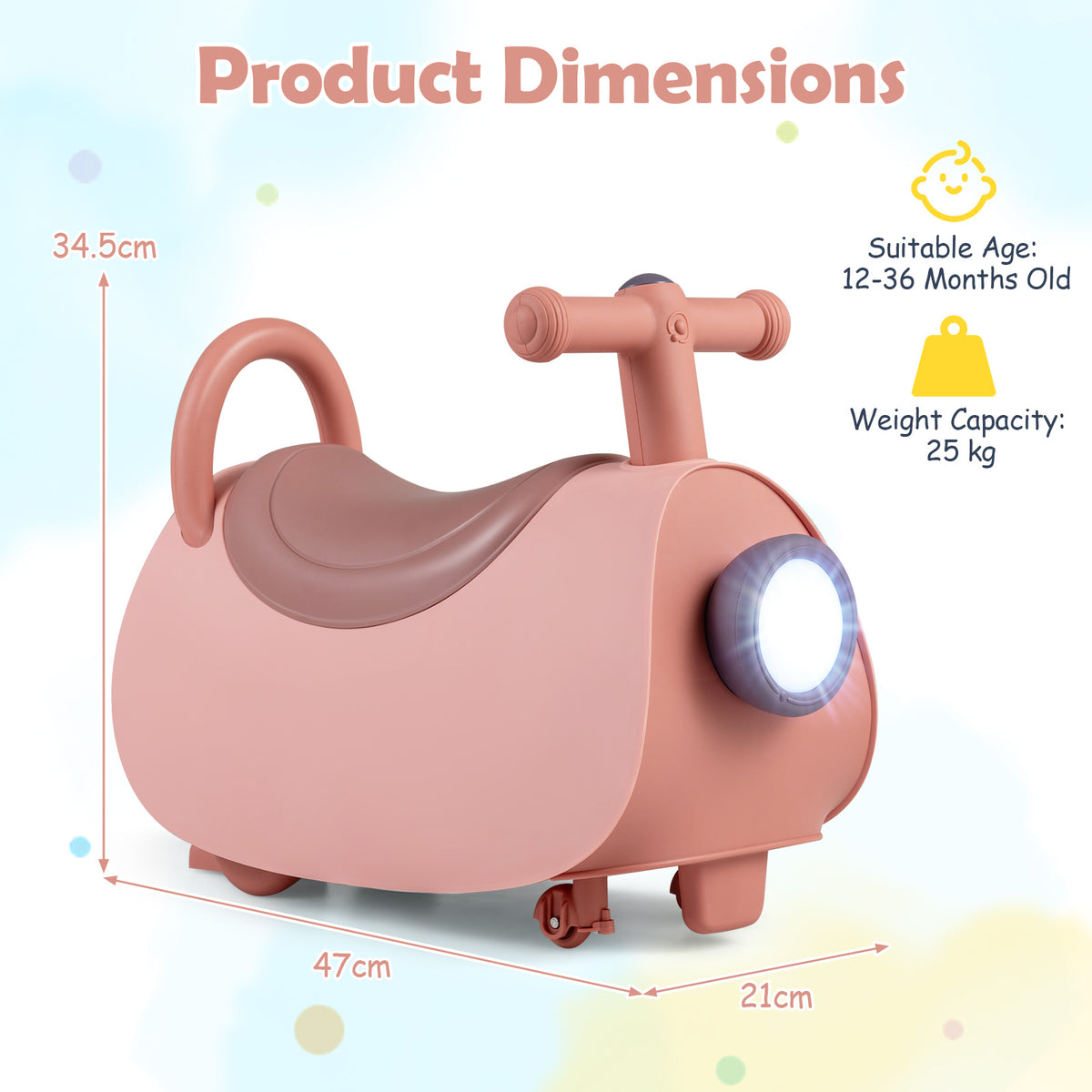 Product dimensions diagram for the pink push and pedal ride on toy