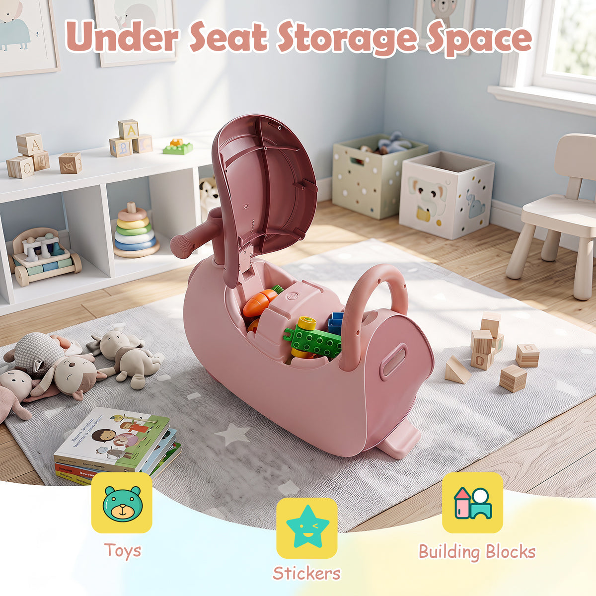 The pink push and pedal ride on toy with its seat open showing storage space