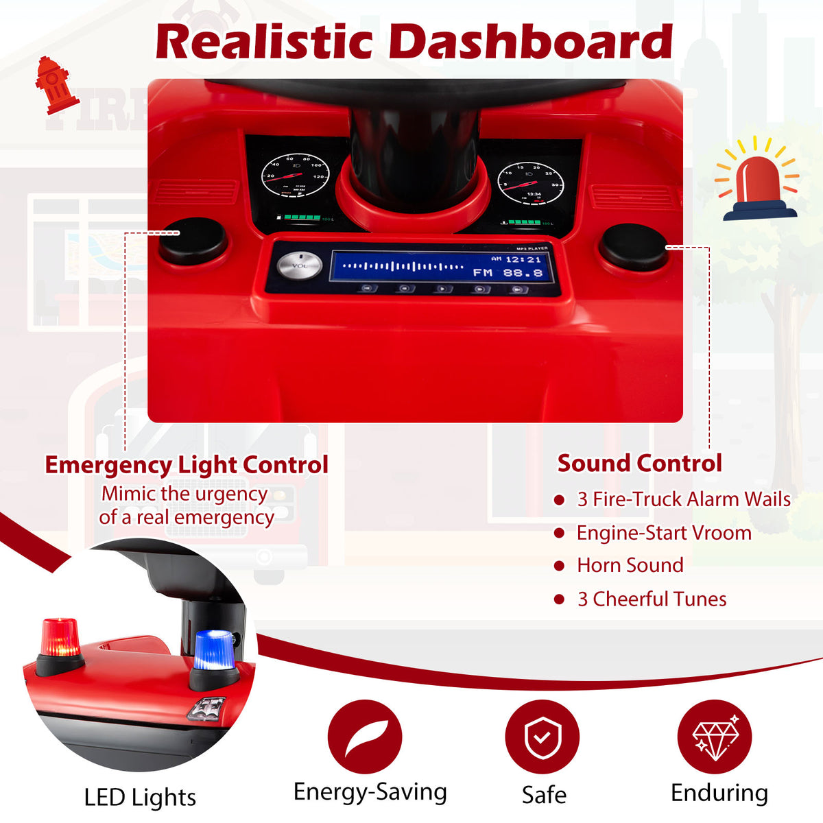Close up of the realistic dashboard of the red push car with buttons and a screen