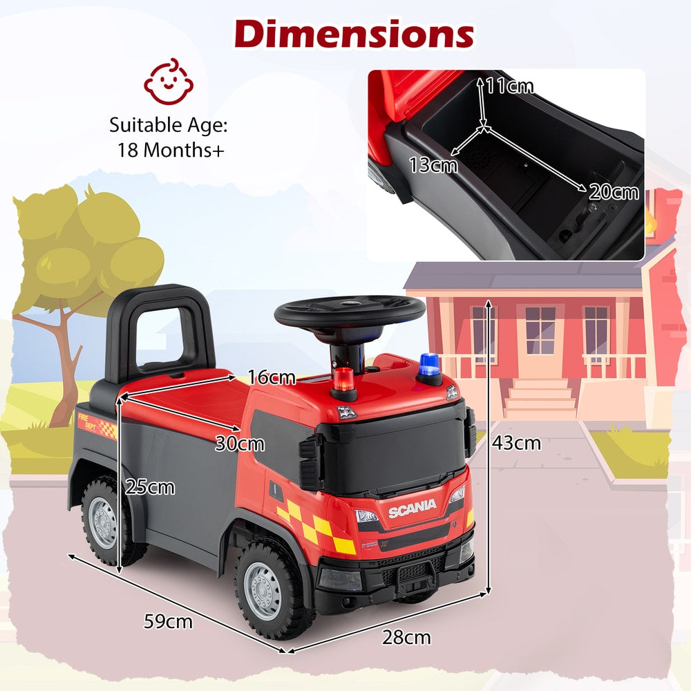 Dimensions diagram showing the red push car with measurements for height, width, and depth