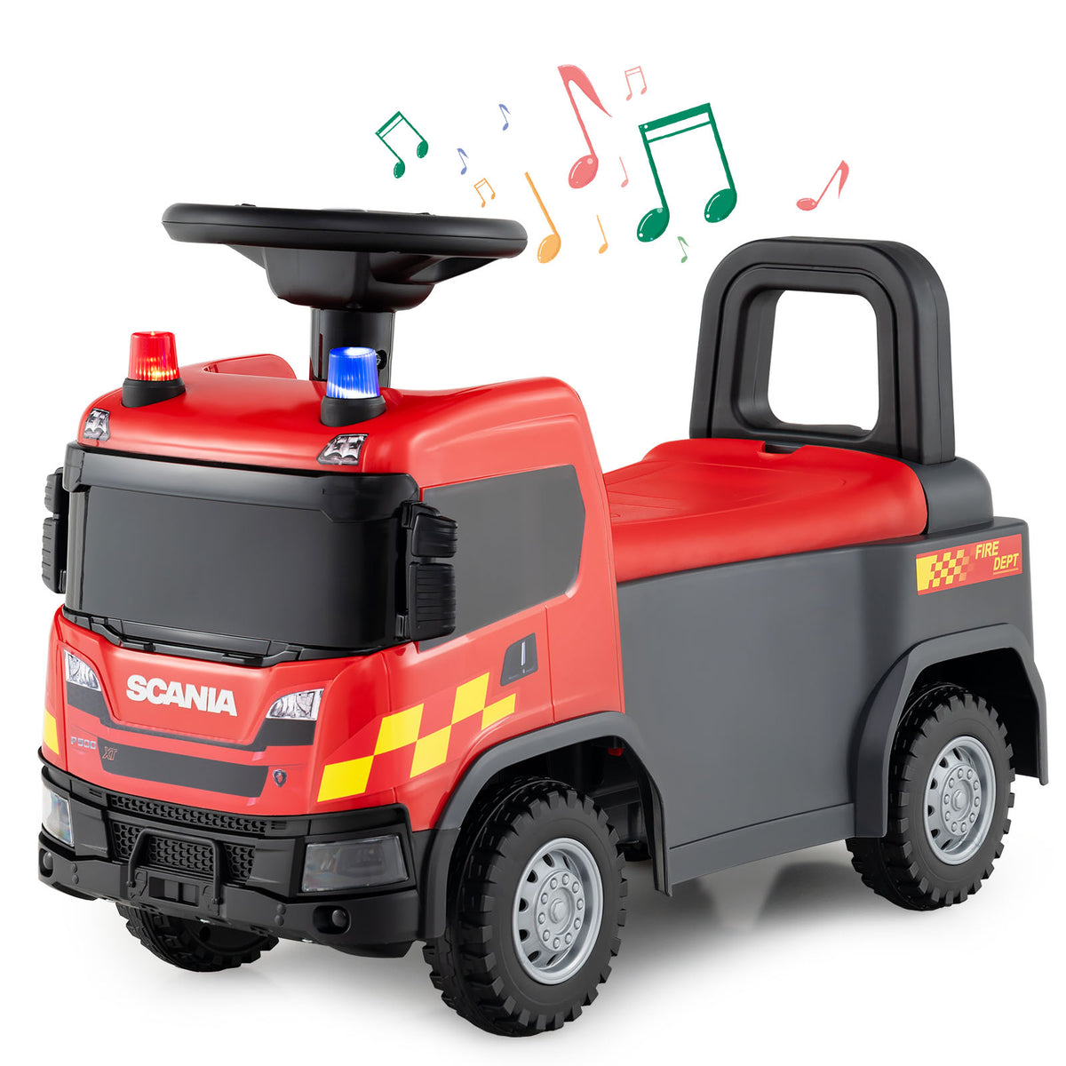 Kids Ride On Push Car in red with black accents and flashing blue and red lights on the roof
