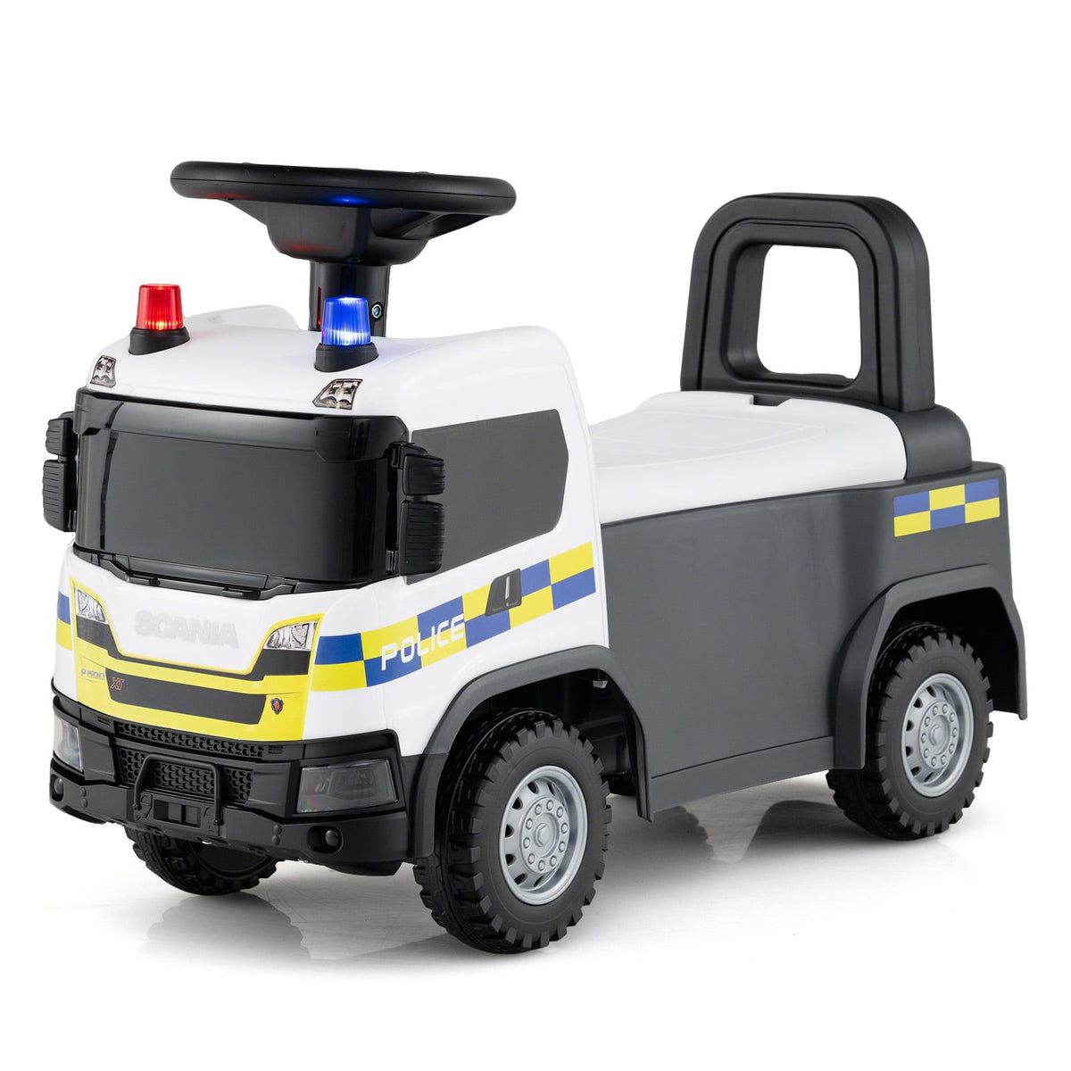 Kids Ride On Push Car, a white police truck with blue and yellow decals, lights on the roof and steering wheel