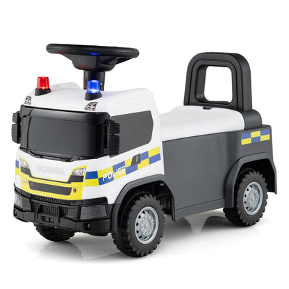 Kids Ride On Push Car, a white police truck with blue and yellow decals, lights on the roof and steering wheel