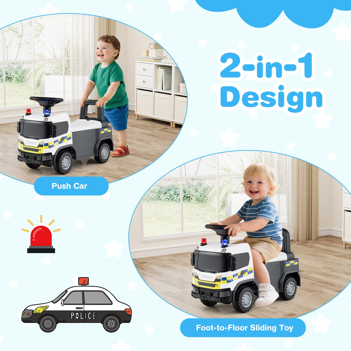 The push and pedal ride on toy shown as a push car and a foot-to-floor sliding toy