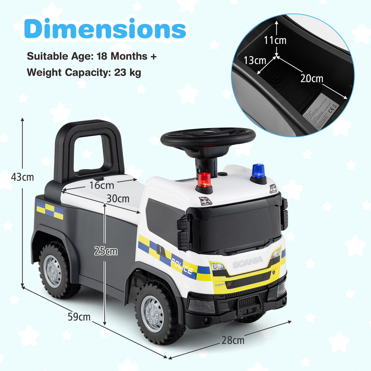 Dimensions of the push and pedal ride on toy with measurements for height, width and depth