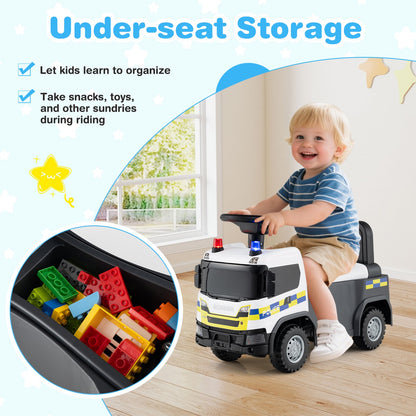 Under-seat storage of the push and pedal ride on toy filled with colourful building blocks
