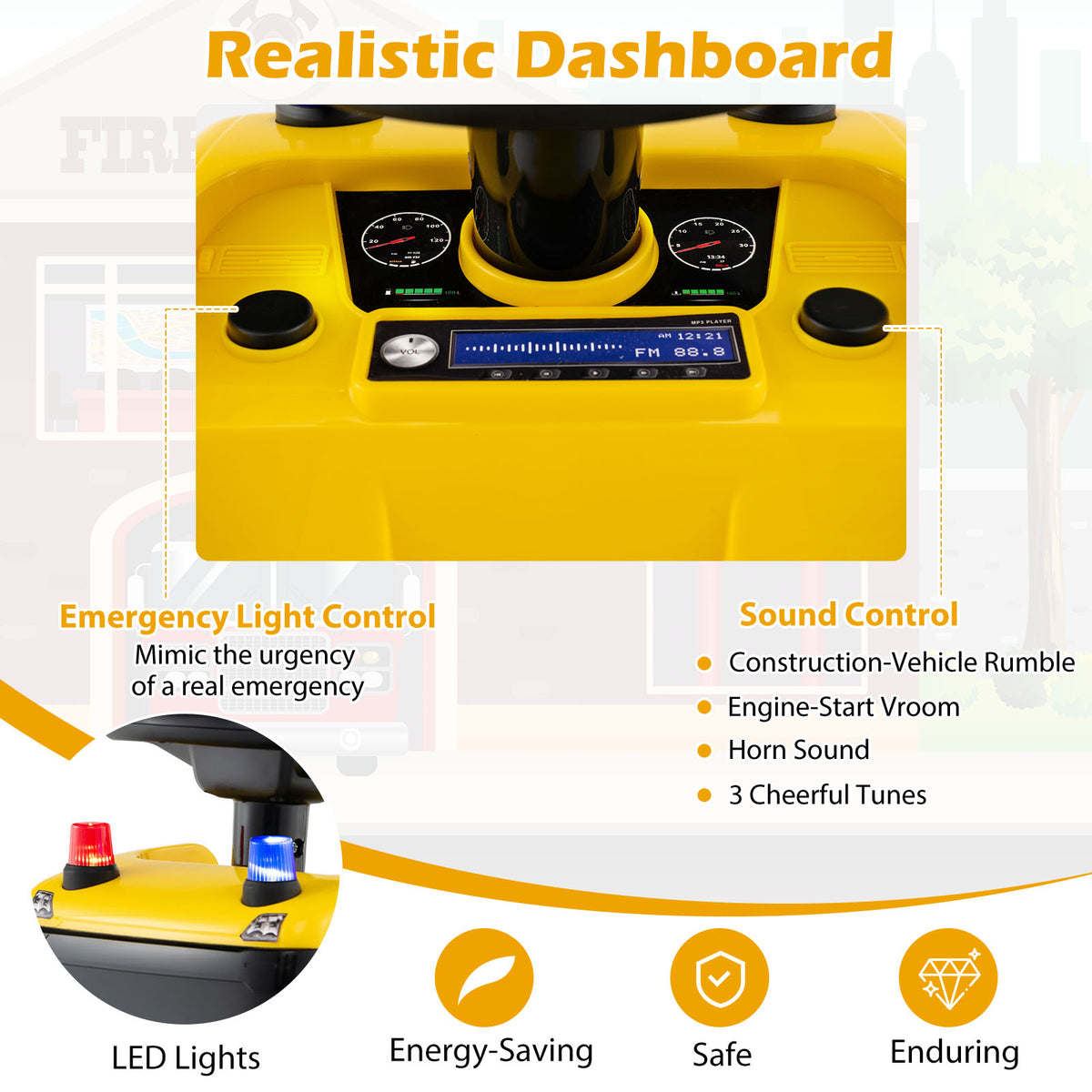 Close up of the realistic dashboard with buttons and a screen on the yellow push car