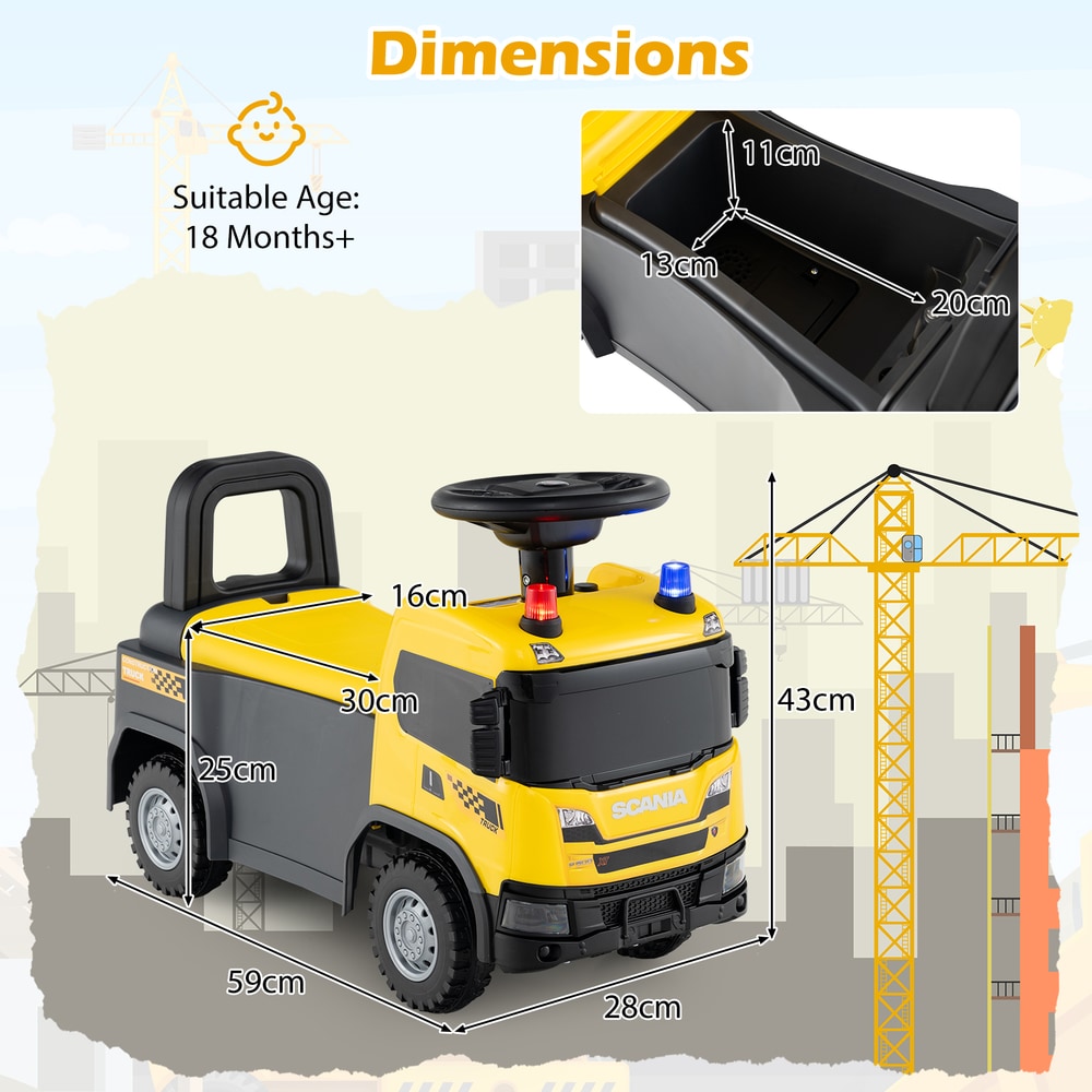 Dimensions diagram of the yellow push car showing height, length and width