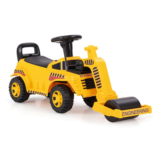 Kids Ride on Road Roller in yellow with a black steering wheel and seat