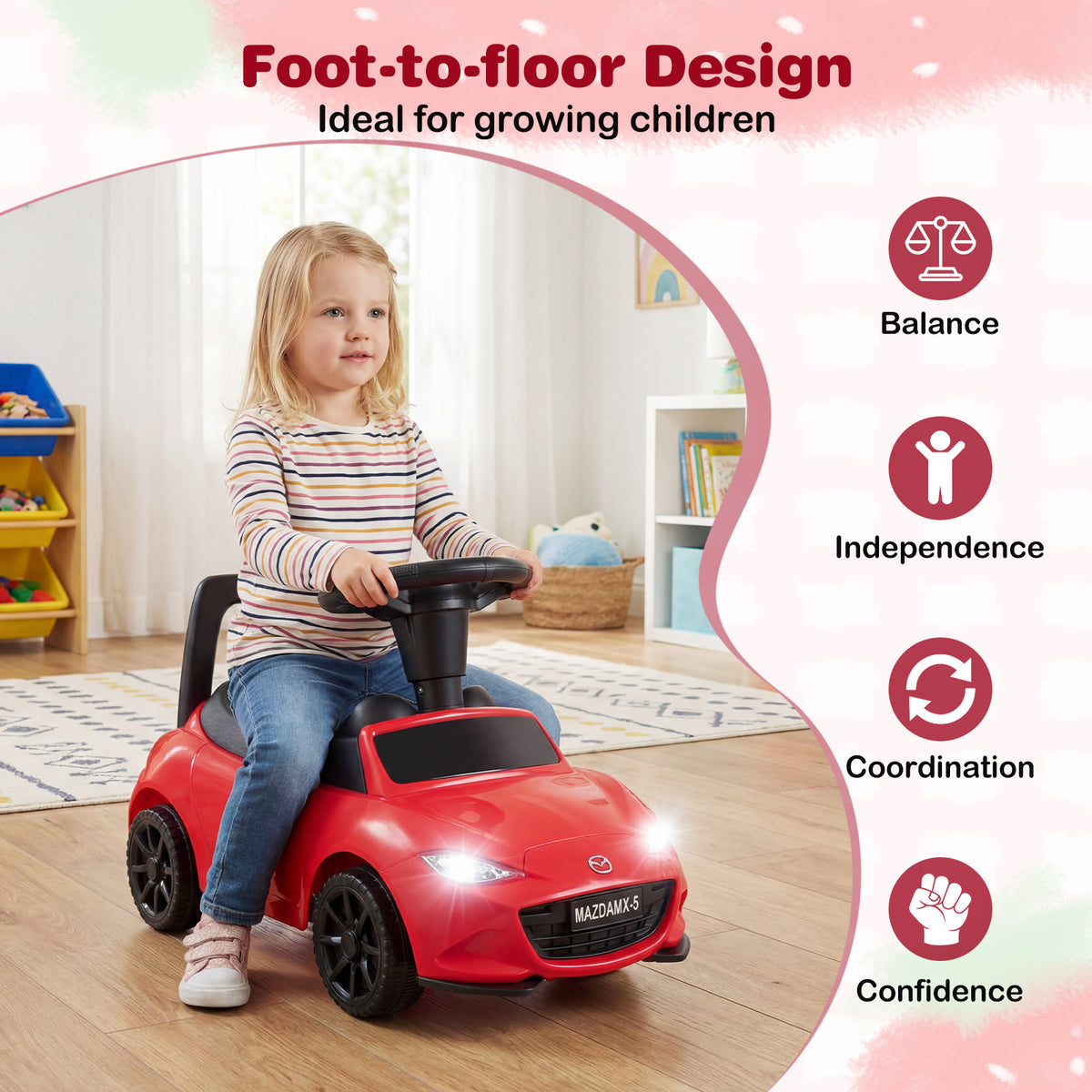 The ride on toy with text bubbles highlighting developmental benefits for children