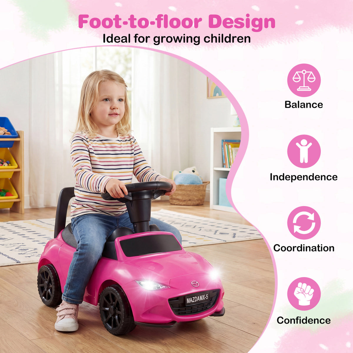 Toddler on a pink Mazda ride on toy with benefits listed