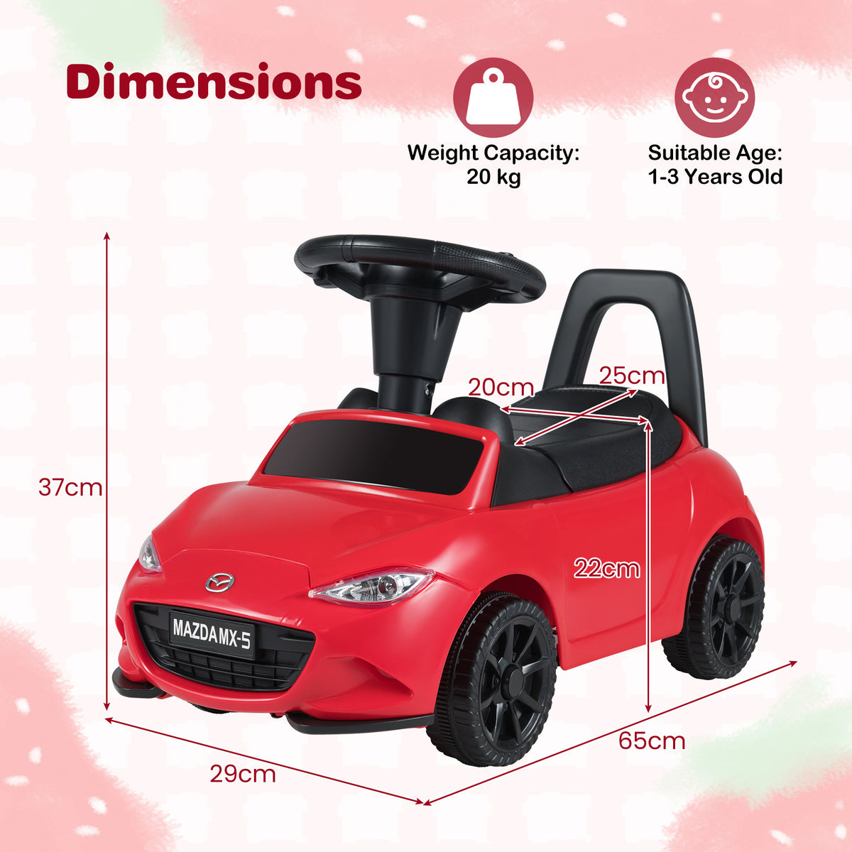 the red Mazda sliding toy shown with arrows and text indicating its physical measurements