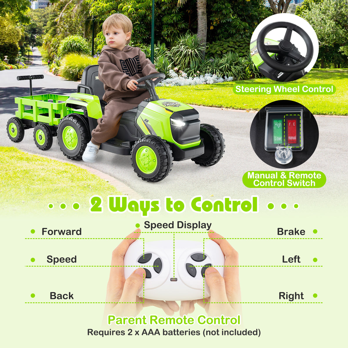 Diagram showing steering wheel and remote control for the electric tractor
