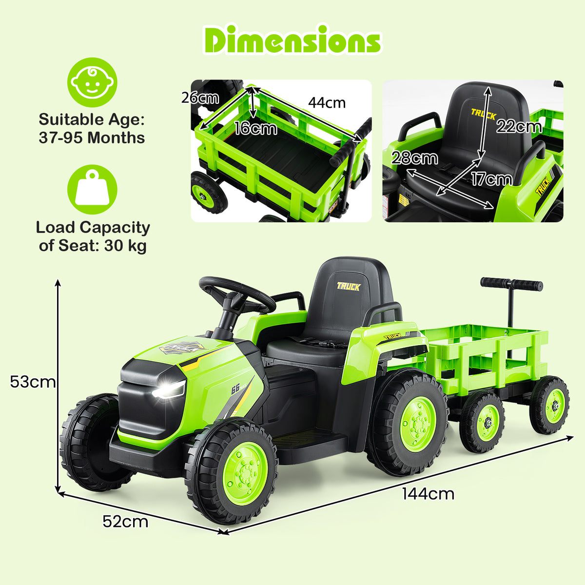 Dimensions diagram for the green electric tractor and trailer