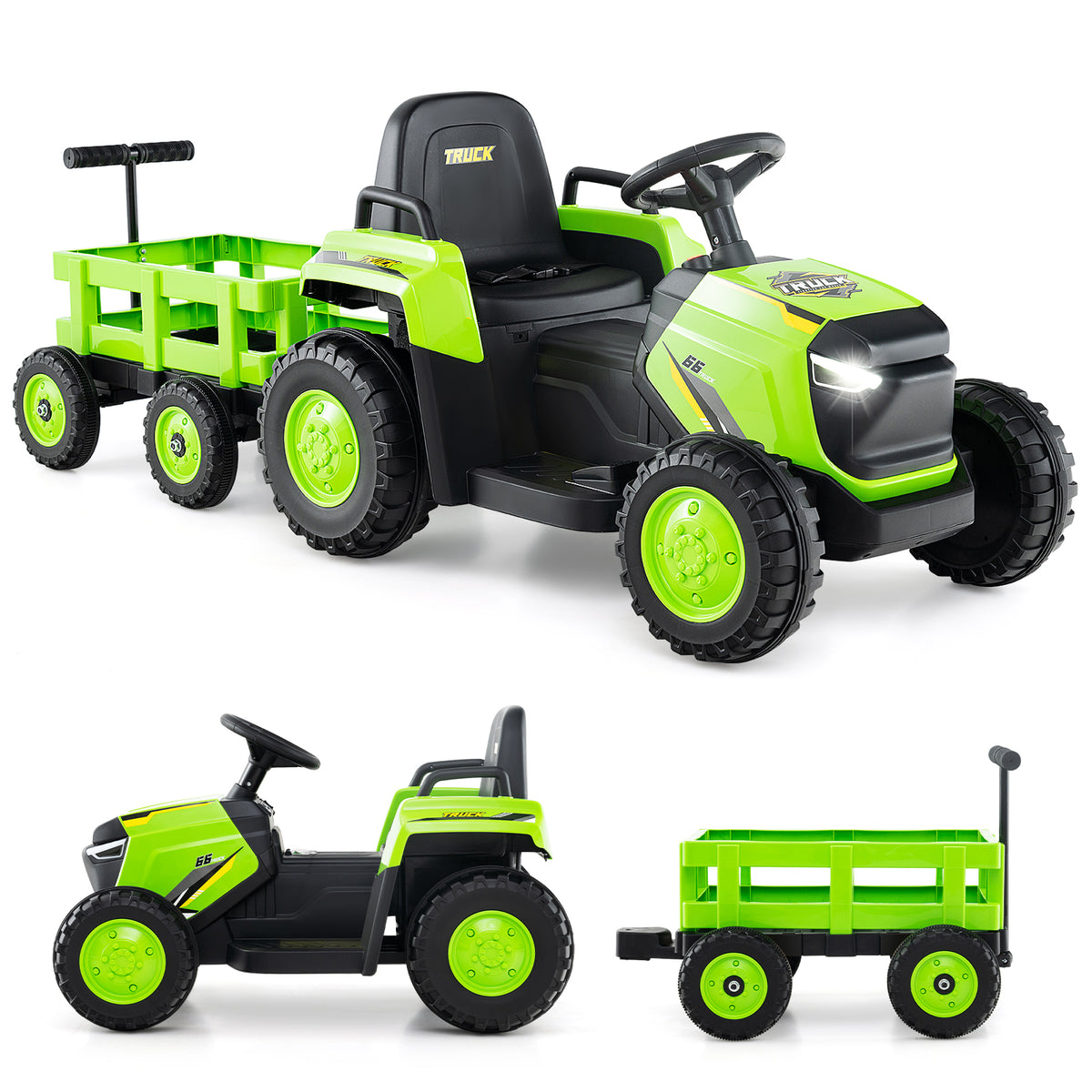 Kids Ride on Tractor 12V Electric Vehicle with detachable trailer, green