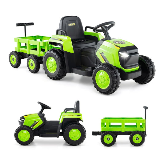 Kids Ride on Tractor 12V Electric Vehicle with detachable trailer, green