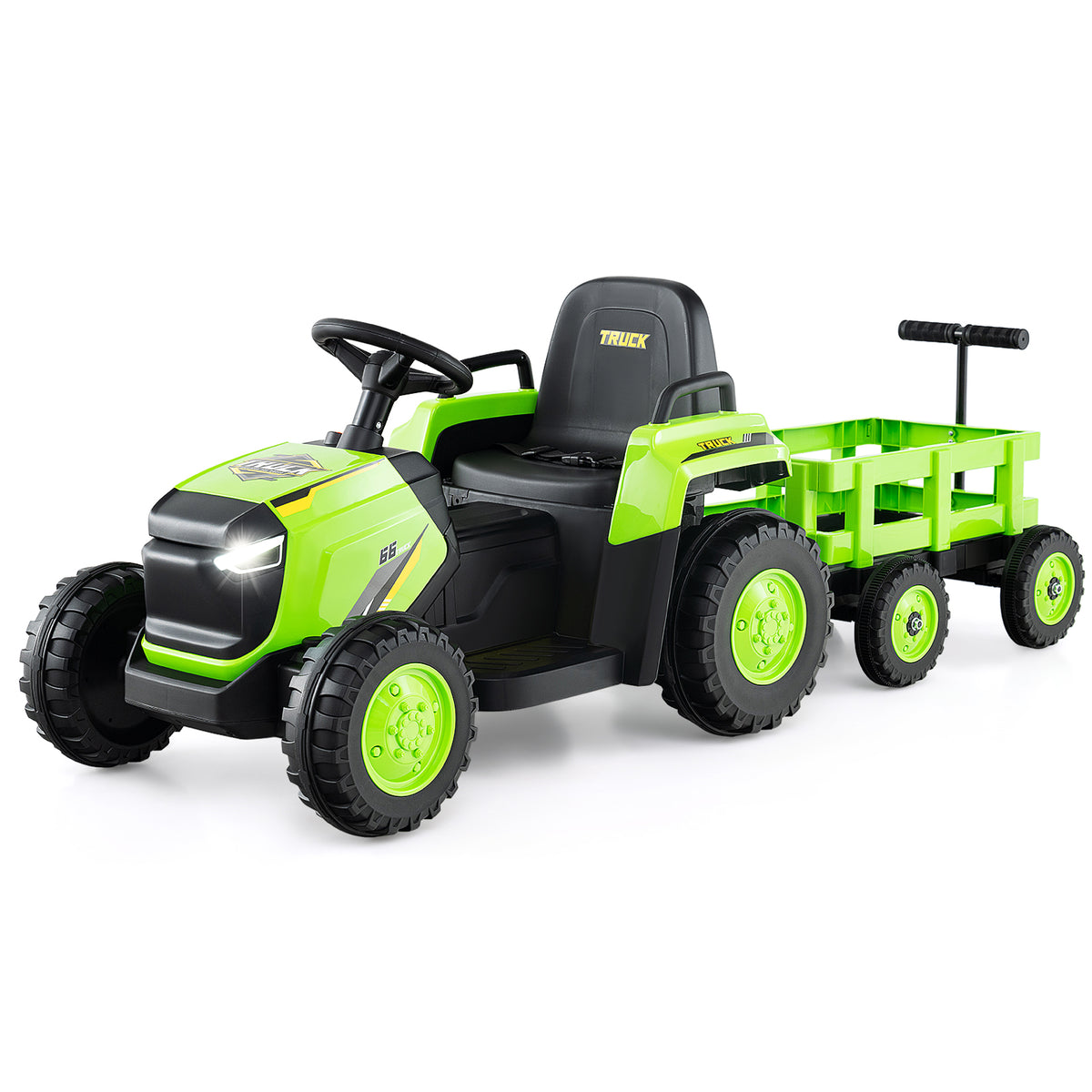 Green electric tractor with trailer, viewed from the rear