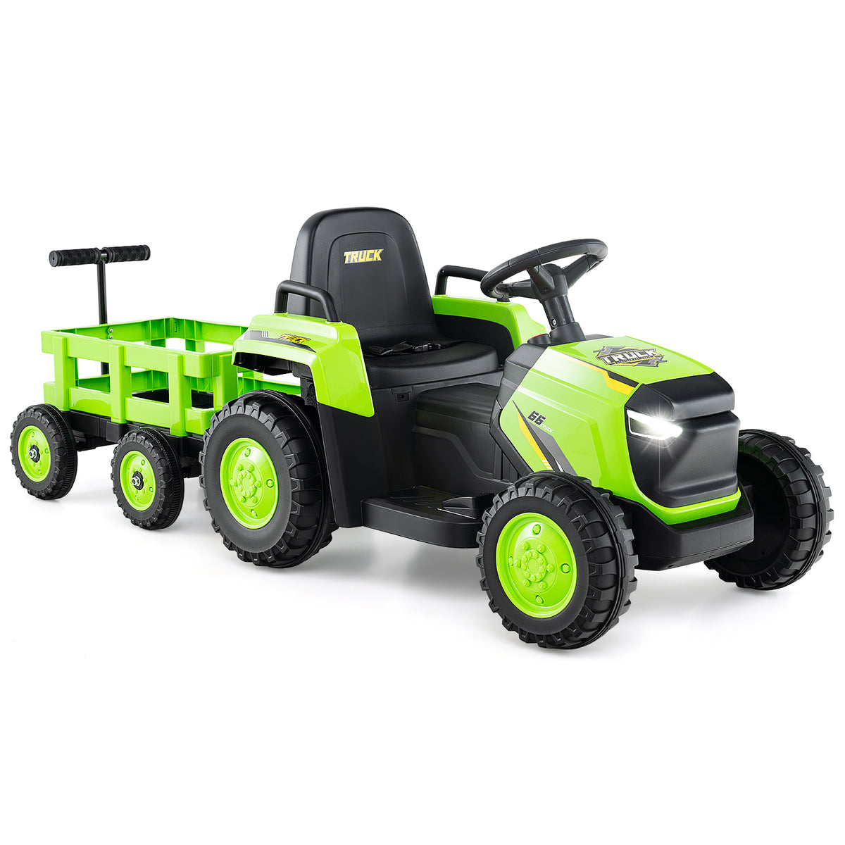 Green electric tractor with trailer, viewed from the side