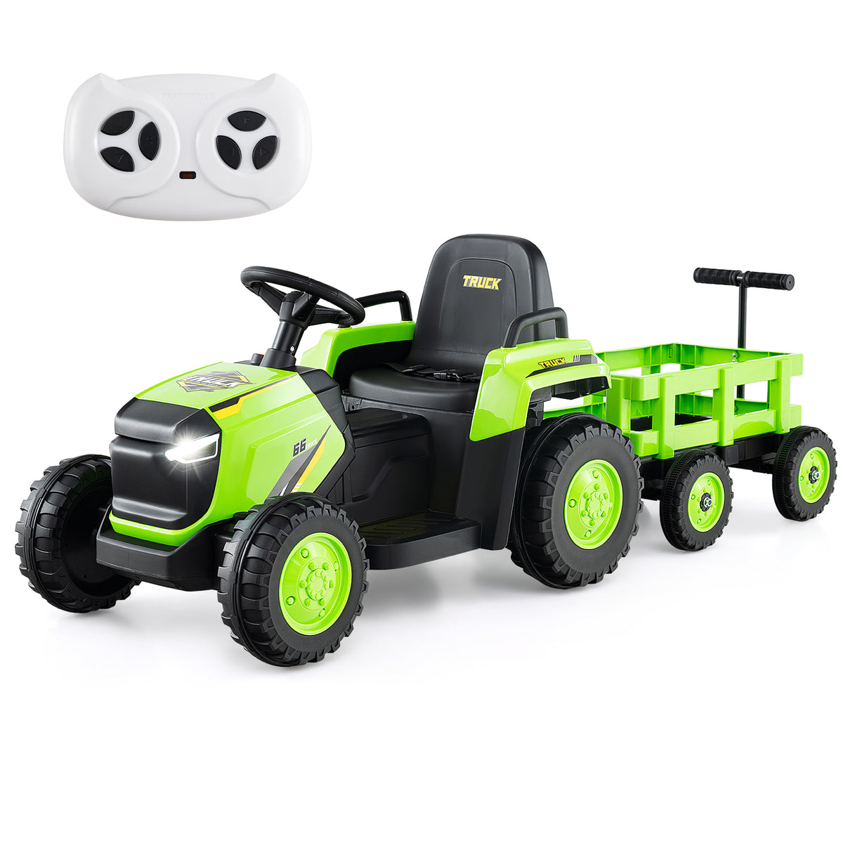 Green electric tractor with trailer and remote control, side view
