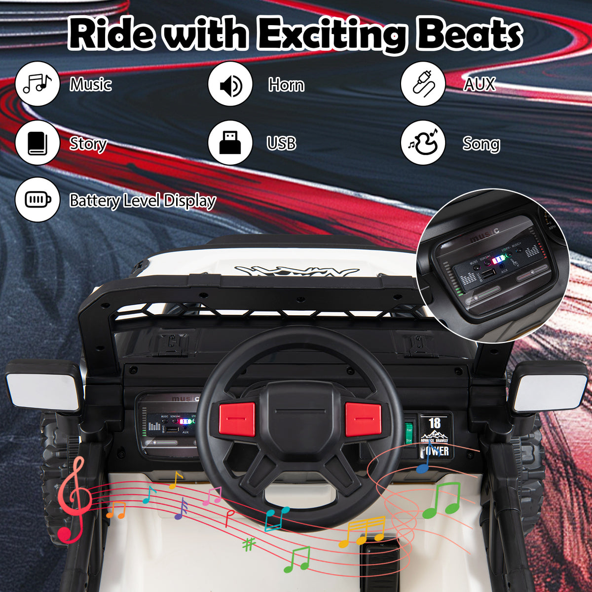 Kids electric toy vehicle dashboard with music and battery display