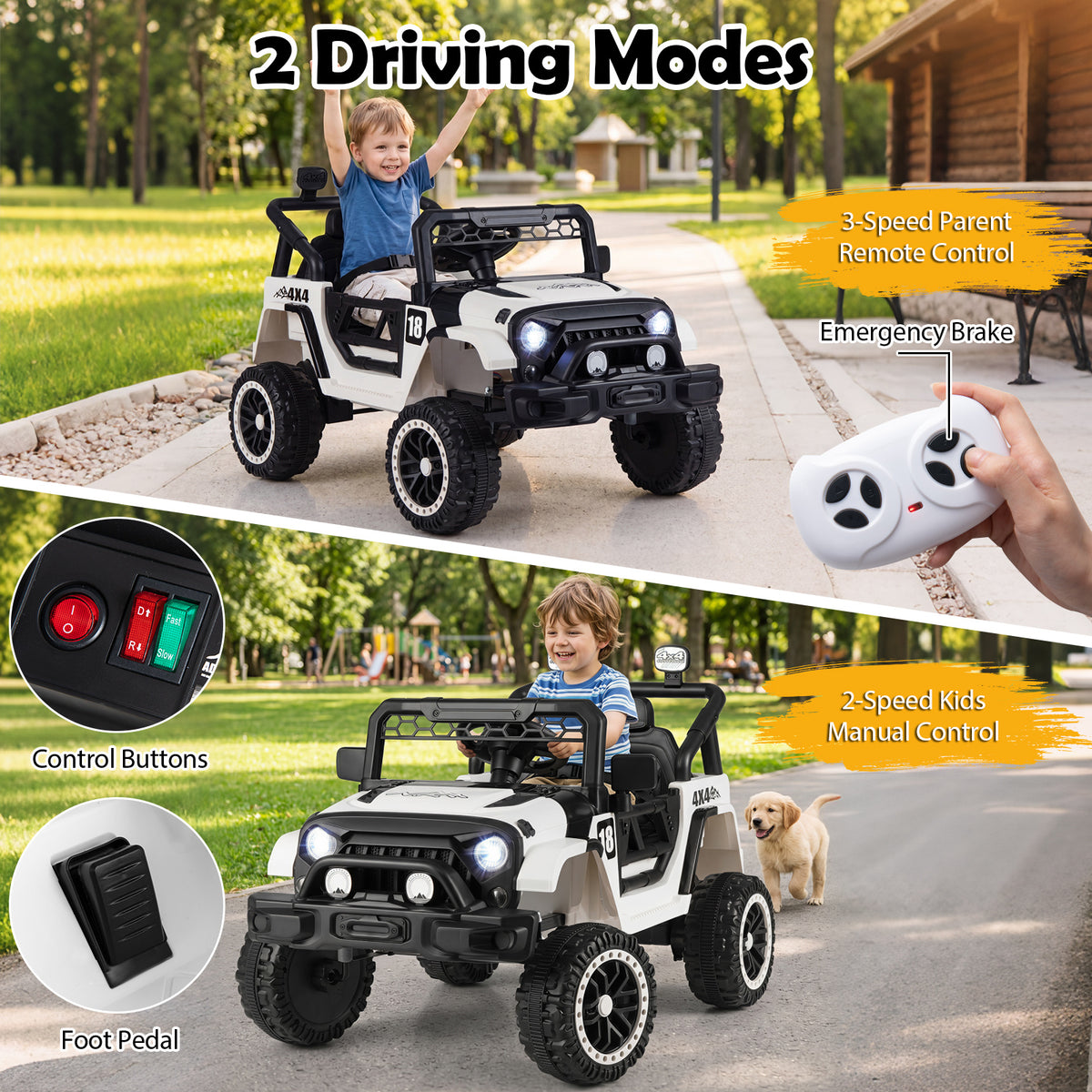 Kids electric toy vehicle with remote control and foot pedal details