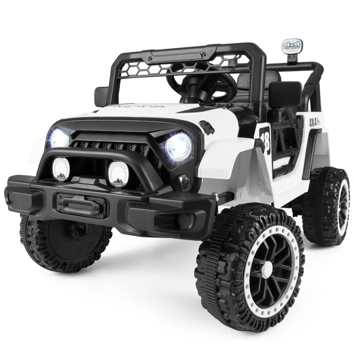 Kids electric toy vehicle in black, front view with lights on