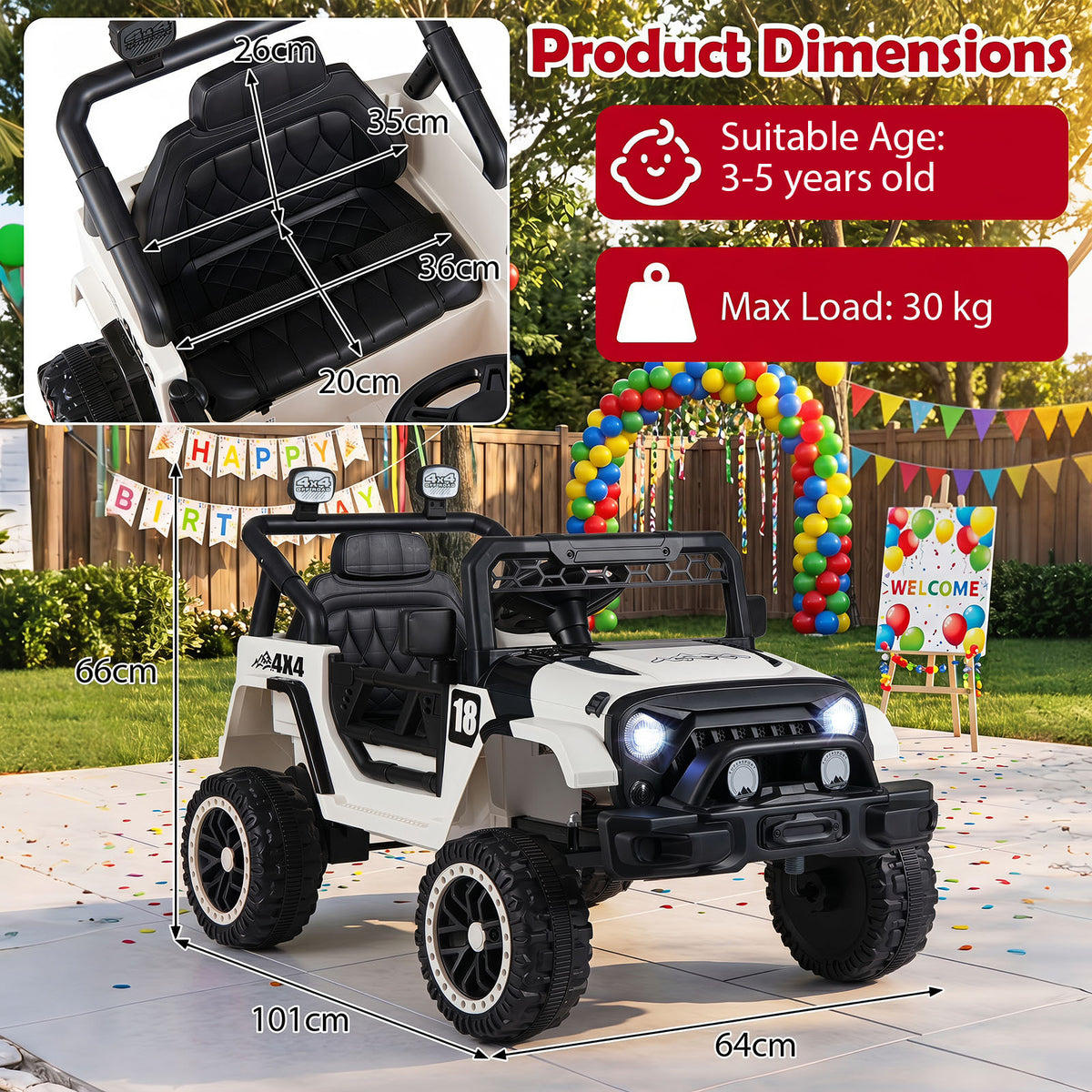 Kids electric toy vehicle with dimensions and suitability information