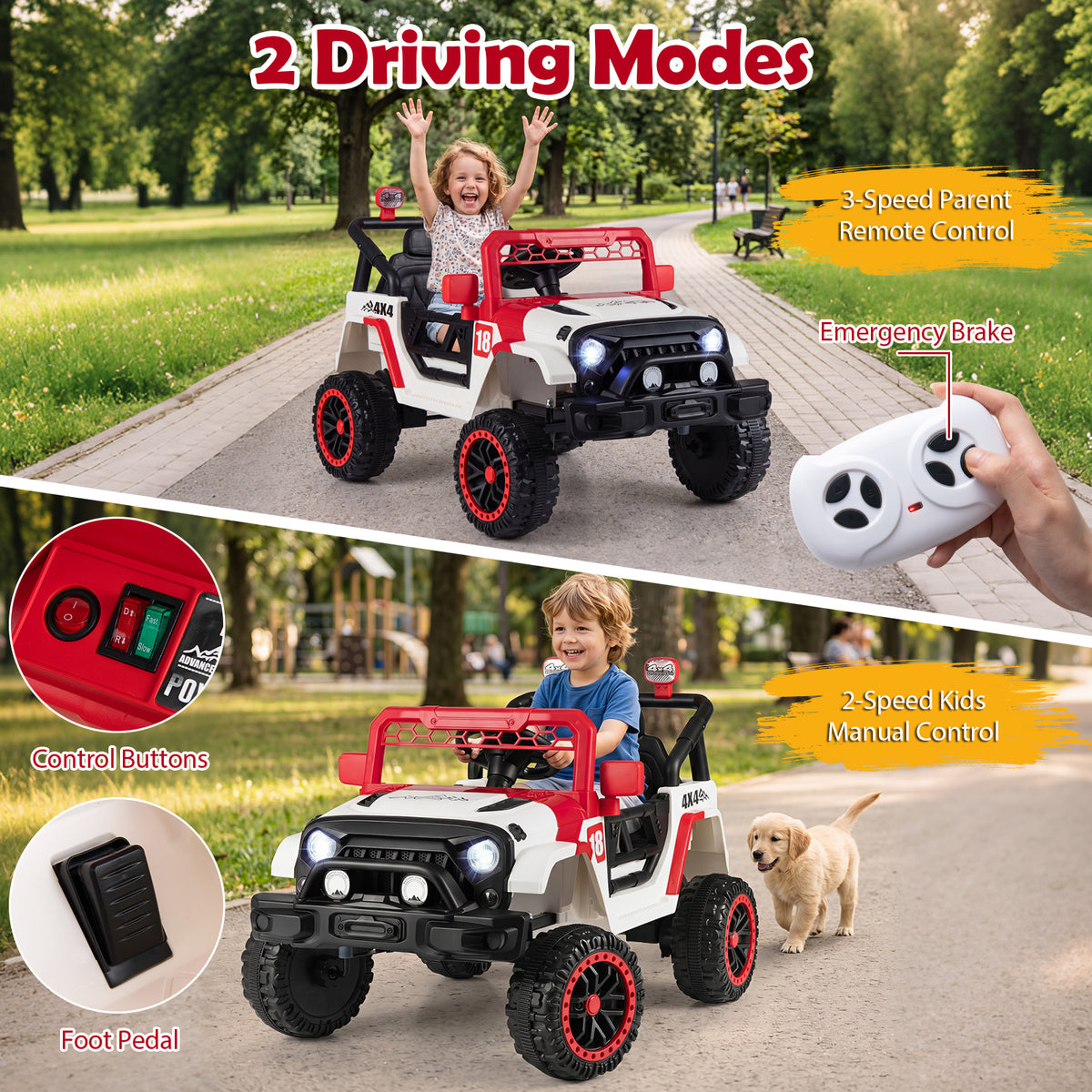 Two driving modes of the kids electric toy car, remote control and foot pedal